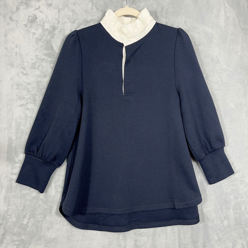 Pomander Place Tuckernuck Top S Navy Ruffle Neck Modest Coquette Preppy Prairie